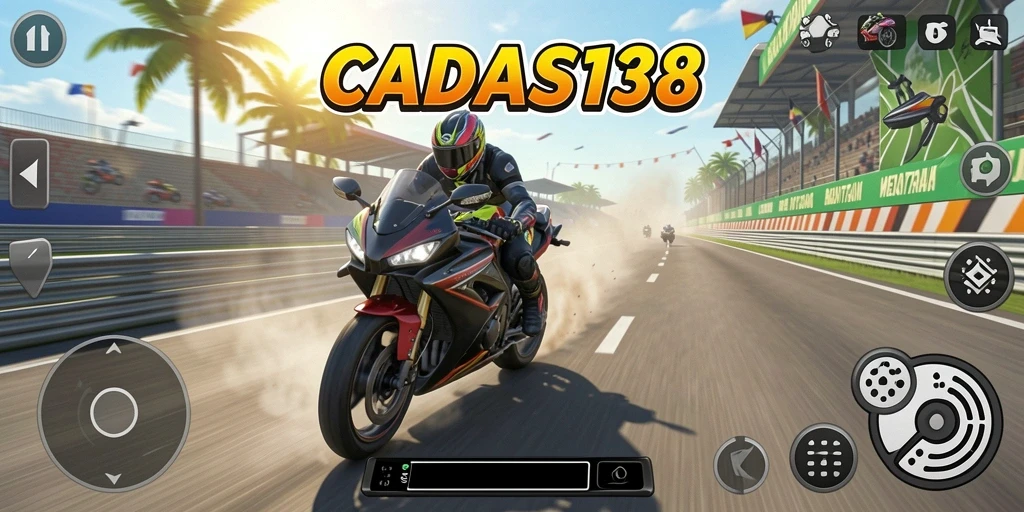 Screenshot gameplay CADAS138 menampilkan aksi balapan motor yang cepat dan mendebarkan.