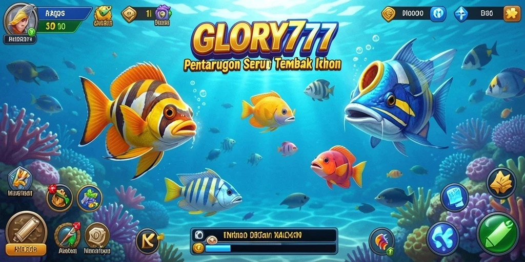 Screenshot gameplay GLORY777 yang spektakuler menampilkan aksi menembak ikan.