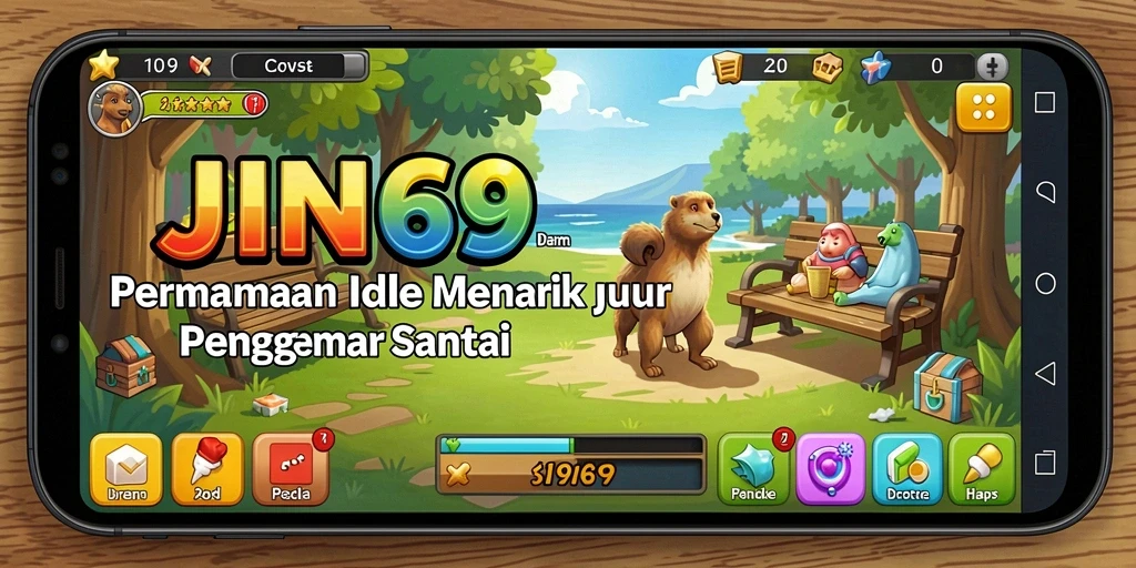 Screenshot gameplay menampilkan kemajuan dan karakter unik dalam JIN69.