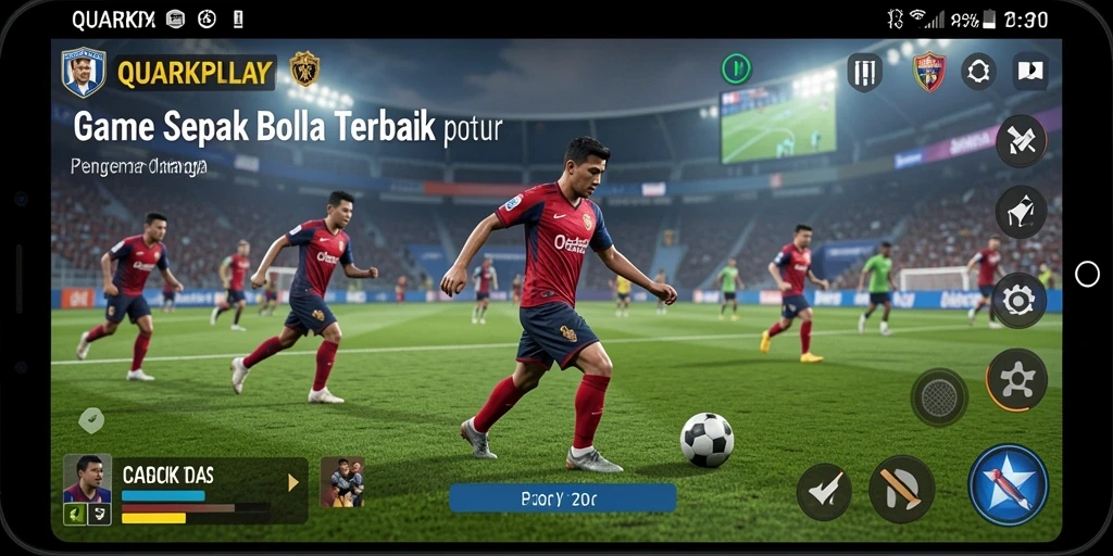 Tampilan gameplay <strong>QUARKPLAY</strong> yang menegangkan di lapangan sepak bola.