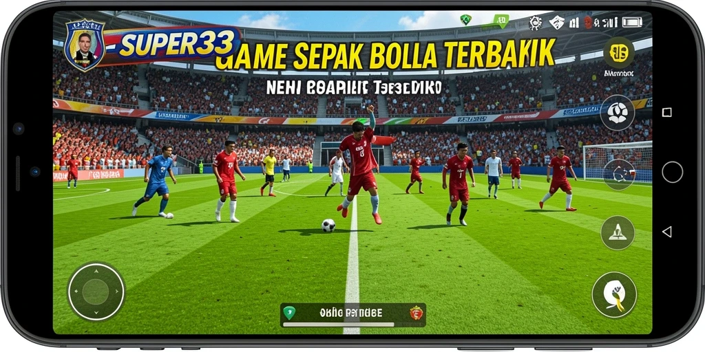 Screenshot dari gameplay SUPER33 menampilkan aksi pertandingan sepak bola yang seru.