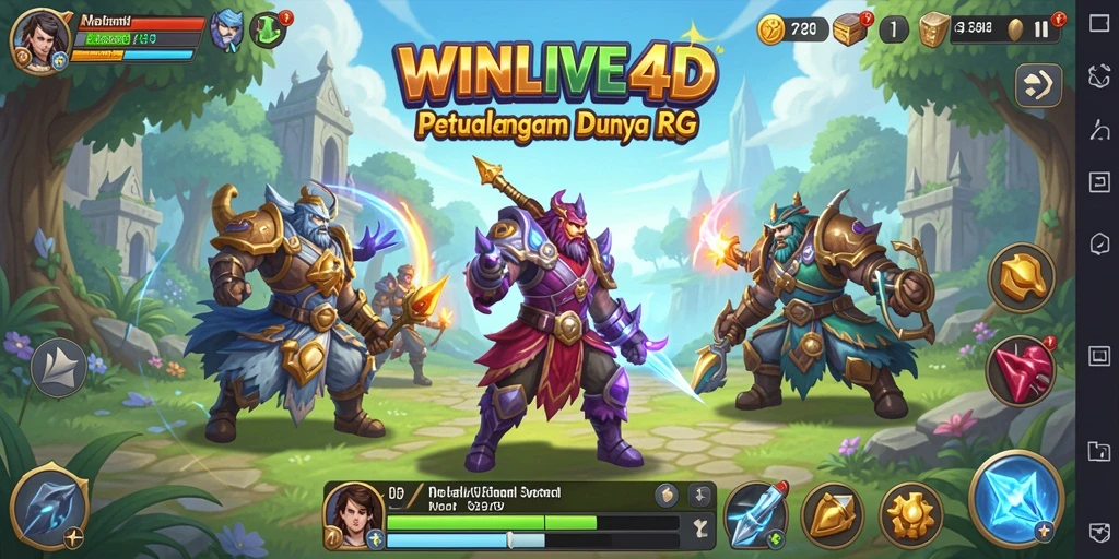 Screenshot gameplay WINLIVE4D menampilkan karakter bertarung dalam pertempuran RPG yang epik.